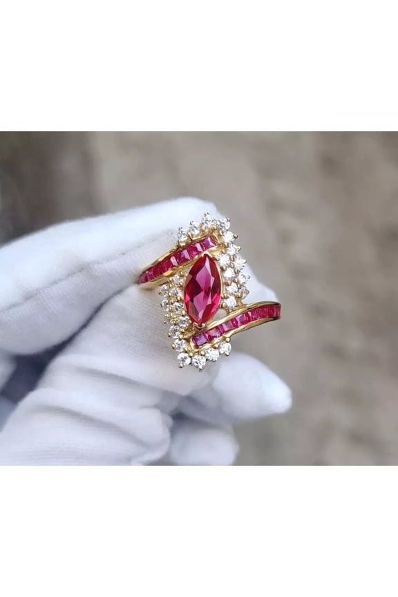 Women's Marquise Cut Ruby Women's Cocktail Engagement Ring 14K Yellow Gold Plated