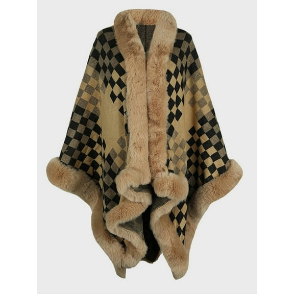 Fuzzy Checkered Long Sleeve Poncho