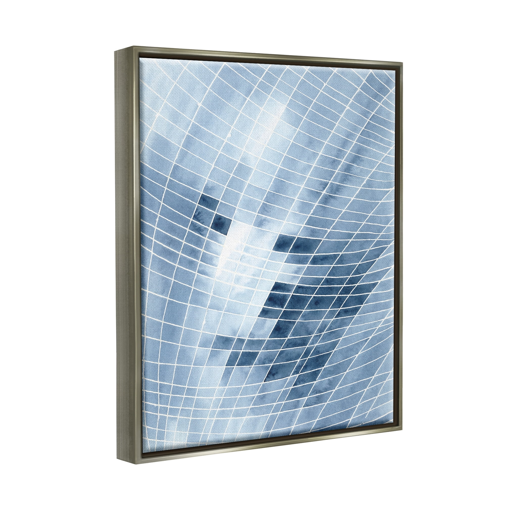 Stupell Industries Modern Warped Blue Square Shapes White Lines Painting Luster Gray Floating Framed Canvas Print Wall Art, Design by Regina Moore