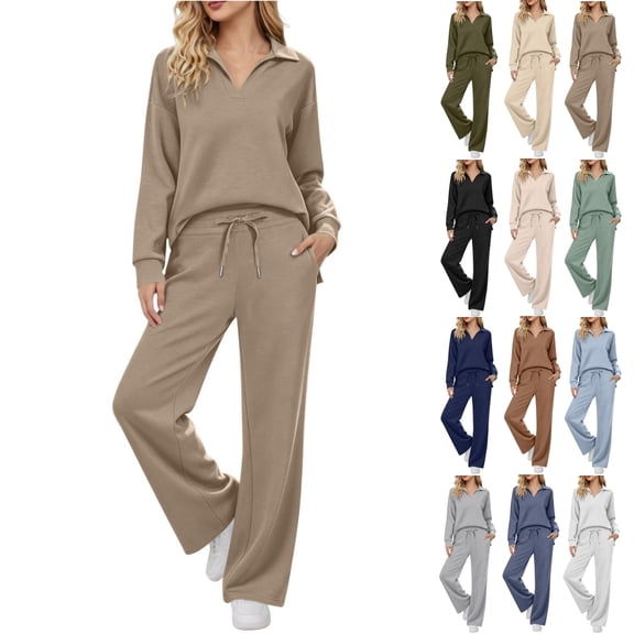 Fengactive Womens 2 Piece Lounge Set Long Sleeve Collared Top and Drawstring Wide Leg Pants
