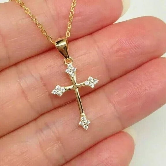 14K Yellow Gold Plated Round Cut Diamond Tiny Beautiful Cross Pendant Necklace