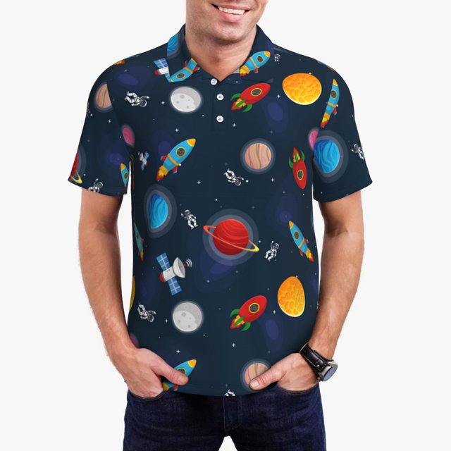 Balery Space Cartoon Camisa Polo de Hombre con Estampado, de Manga Corta y Tejido Medio, Camisa Tipo Golf Polo-3X-Large