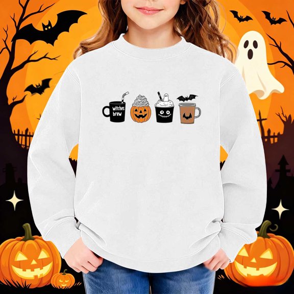 Mifsaly Girls Boys Oversized Halloween Sweatshirts Funny Witches Graphic Long Sleeve Crewneck Sweatshirt Comfy Casual Fall Vintage Pullover Top for Autumn Everyday Celebration White,10-11 Years
