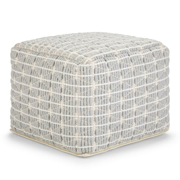 Simpli Home Noreen Square Pouf in Light Blue, White Handloom Woven Pattern