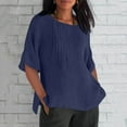 thumbnail image 2 of Olyvenn Linen Shirts for Women 2025 Basic Plus Size 3/4 Sleeve Tops Summer Casual Round Neck Pullover Blouse Ladies Tunic Tshirt Navy S, 2 of 4