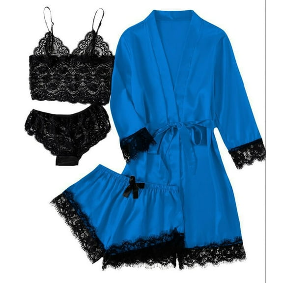 uublik Womens Robes Knee Length Satin Pjs Sets 4Pcs Lace Cami Panties Shorts Sleepwear Summer Cute Loungewear Blue