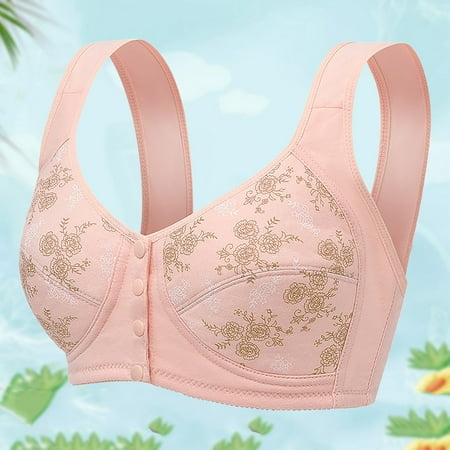 TrendVibe365 No Wire Bras for Women Daisy Floral No Wire Push up Bralette Padded Button Front Clasp Wide Strap Corset Top Full Coverage Crop Tank Top Comfort Lingerie Pink XL