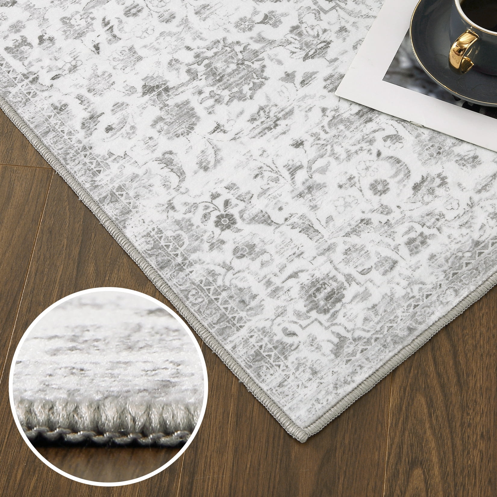 HOMERRY 9' x 12' Area Rug for Living Room Washable Bedroom Vintage Floral Carpet for Floor Decoration, Gray