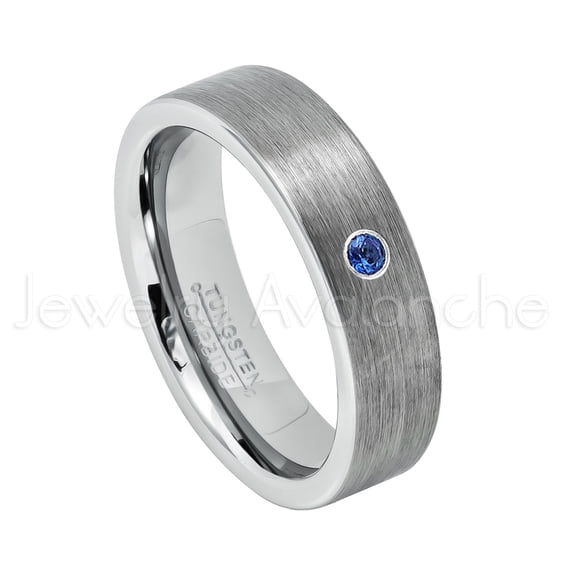 6mm Pipe Cut Tungsten Ring - 0.07ct Solitaire Blue Sapphire Ring - Personalized Tungsten Wedding Ring - Custom Made September Birthstone Ring TN019BS
