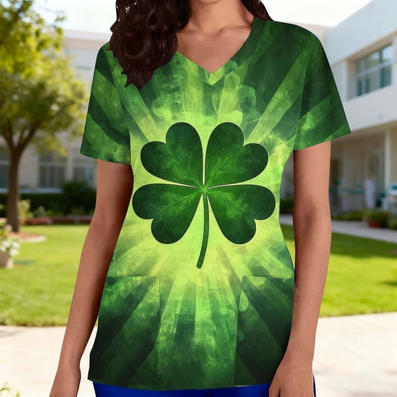 YOIAVAIOY Green Womens Scrub Tops Irish Clover Scrubs Top St. Patrick's Day Printed Graphic Working Uniform St. Patrick's Day Holiday Workwear M