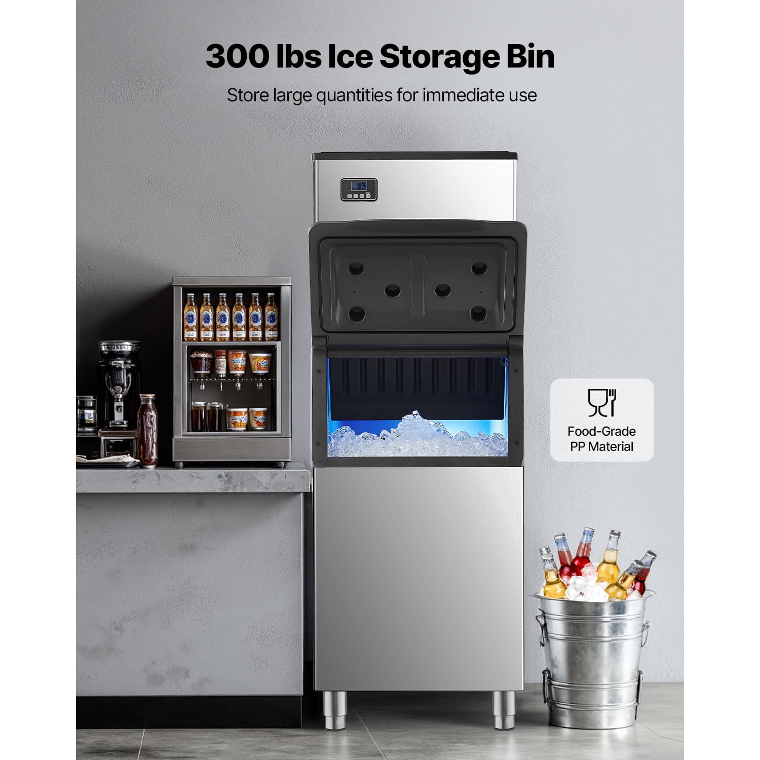 KFFKFF 360LBS/24H Commercial Ice Maker Machine with 300LBS Large Storage Bin Freestanding/Built-In, Stainless Steel Clear Ice Cube Maker LCD Panel