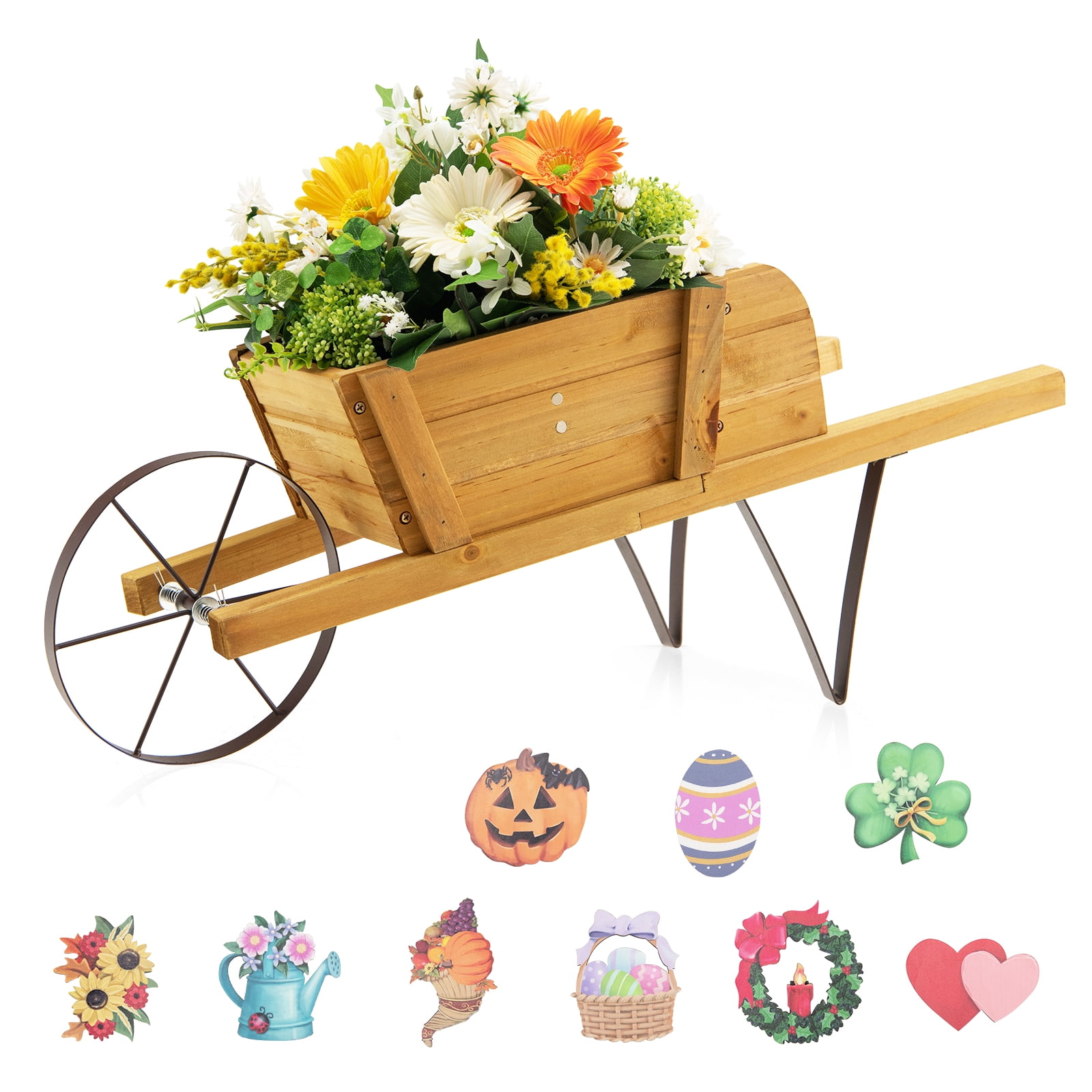 Topbuy Flower Pot Wheelbarrow Planter Solid Pine Wood Wagon Planter w/ Triangular Metal Support 2 Energy-saving Handles Movable Whee Walnut