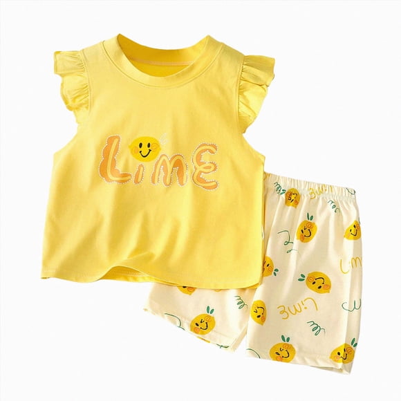 COMVALUE Ensembles de Pyjama pour Filles Manches Volantées Volants Pyjamas Doux Vêtements de Nuit Jaune pour Taille 4-5 Ans