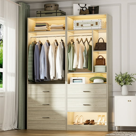 Homieasy 63.2" L X 39.2" W X 80" H Corner Closet System,Freestanding Closet Organizer System With 2 Drawers & 12 Shelves,Sturdy Walk in Closet System for Bedroom, Entryway, Modern,White Oak