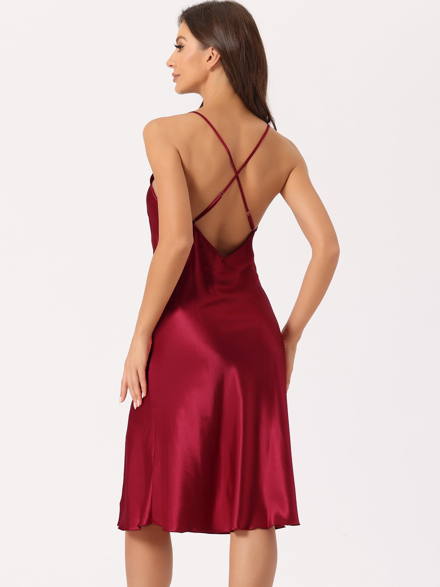 DARING DIVA Women's Satin Sleeveless Backless Slit Silky Midi Nightgown S Red