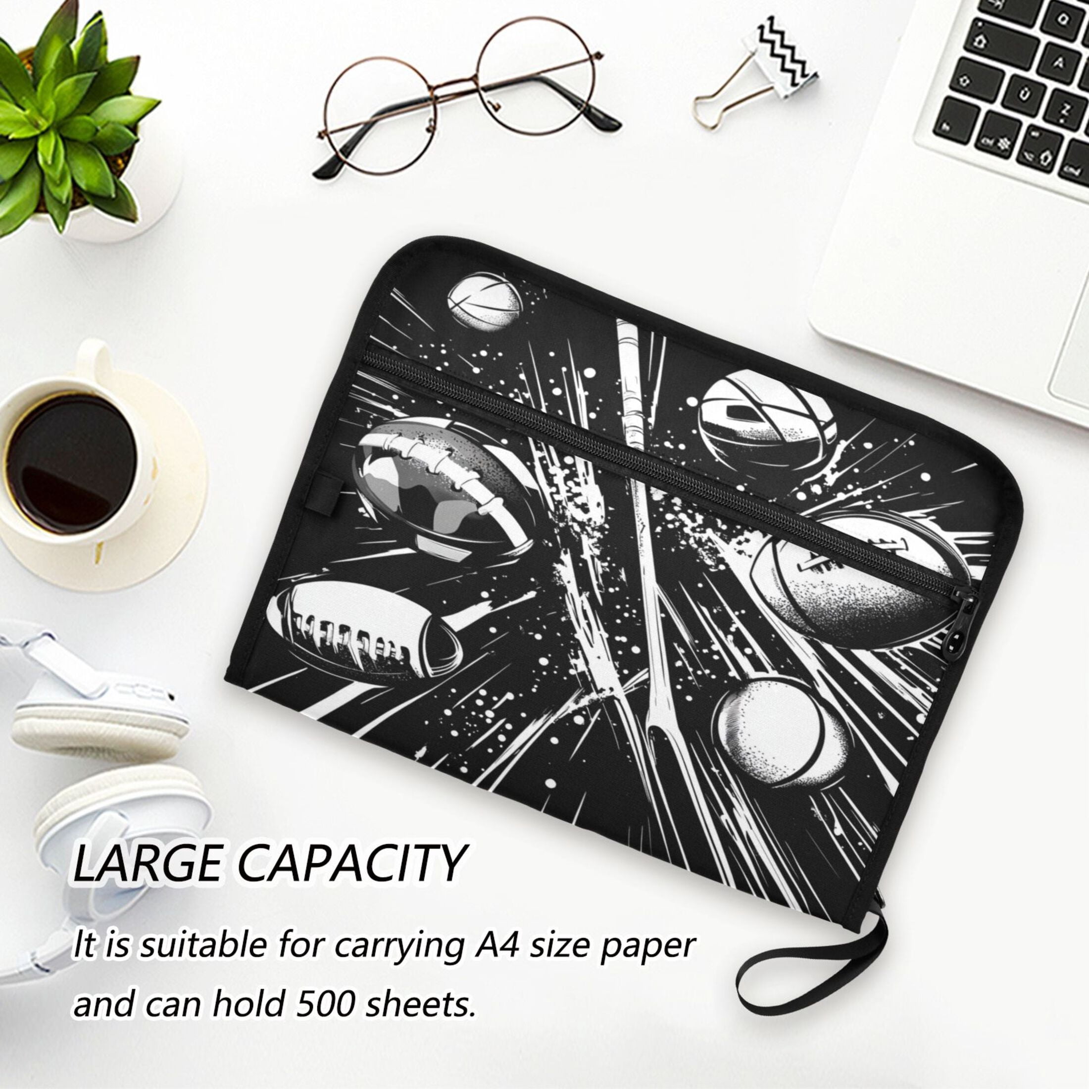 Accordion File Organizer with Zip Closure 13 Pockets Expanding File Folder Letter A4 Paper Document Organizer for Home Office Black and White Sports Equipment