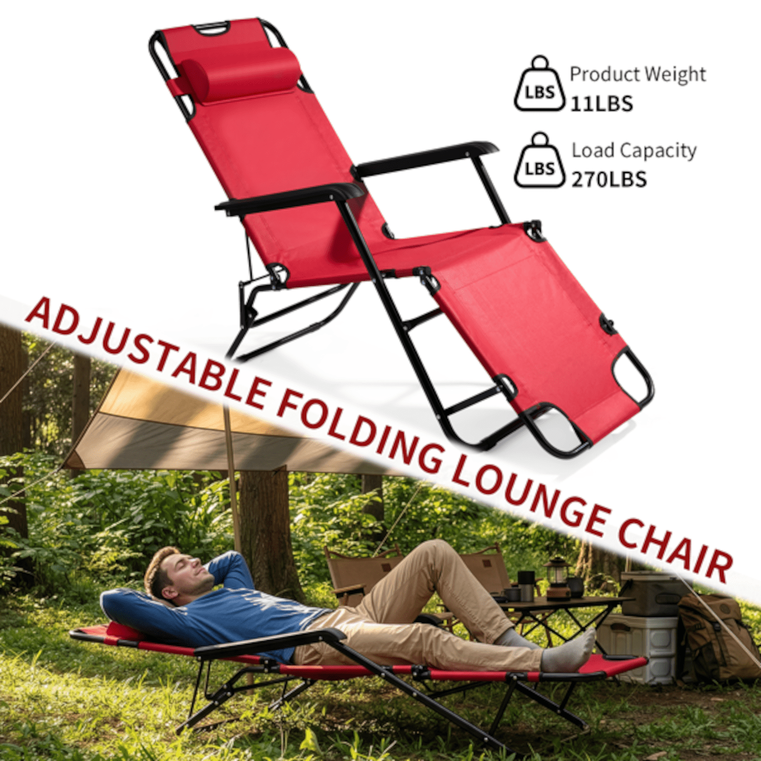 Alvantor 2-in-1 Folding Lounge Chair with Adjustable Recline, Pillow and Armrests, Red