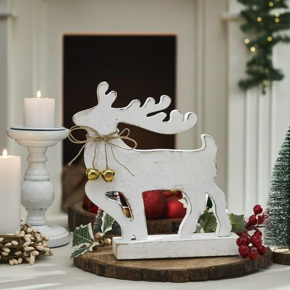 VHC Brands Winter Walk Distressed White Wooden Reindeer Large 10x9x2.5