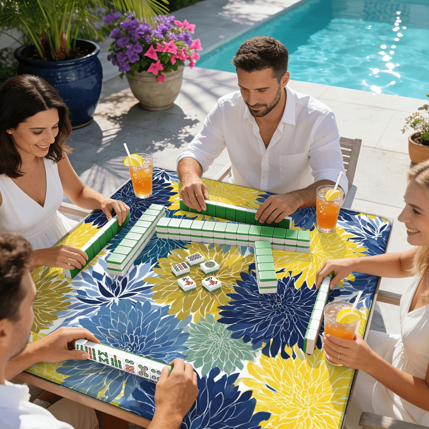 Mahjong Mat 31.5" x 31.5" Spring floral seamless Blue yellow navy Chrysanthemum Non-Slip Noise Reduction American Mahjong Tiles Table Cover for Dominoes Poker Card Board Games Gift