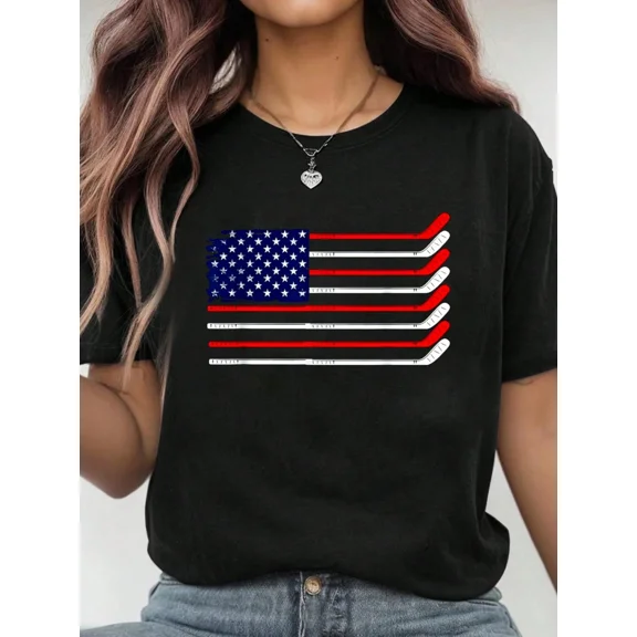 USA Hockey Flag T-Shirt Patriotic American Ice Hockey Sticks Graphic Tee for Men and Women