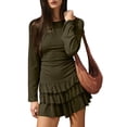 thumbnail image 2 of Women'S Long Sleeve Mini Dress Boat Neck Ruffle Bodycon Mini Flowy Cocktail Party Dresses Dark Green XL, 2 of 9