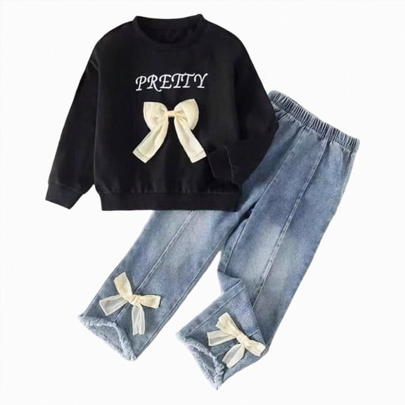 Quealent Toddler Girl 2Pcs Clothes Sets Cute Fall Outfit for Little Girls Long Sleeve Top & Pants (Black, 4-5 Years)