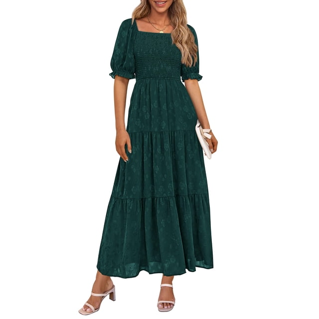 Vestido Midi PRETTYGARDEN Floral Verde con Cuello Cuadrado y Fruncido Talla S