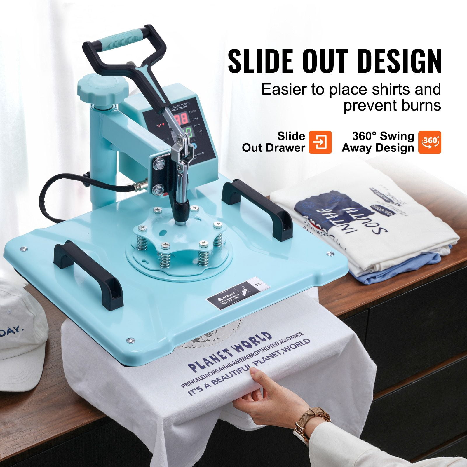 12X15 inch heat transfer machine, 2-in-1 360 degree rotation, digital temperature control T-shirt, hat hot stamping, green