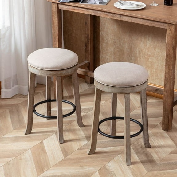 Dayalane Farmhouse 360° Swivel Bar Stools Set of 2, 25.6" Counter Height Round Linen Barstools with Wood Legs and Footrest, Backless Kitchen Island Chairs for Dining Room, Pub, Coffee Bar,Beige