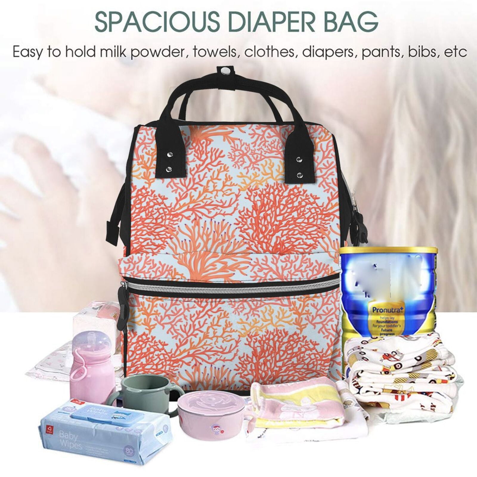 Ratiio Corals Mummy Backpack - Waterproof Twill Canvas, Large Capacity Diaper Bag with Multiple Pockets and Adjustable Straps