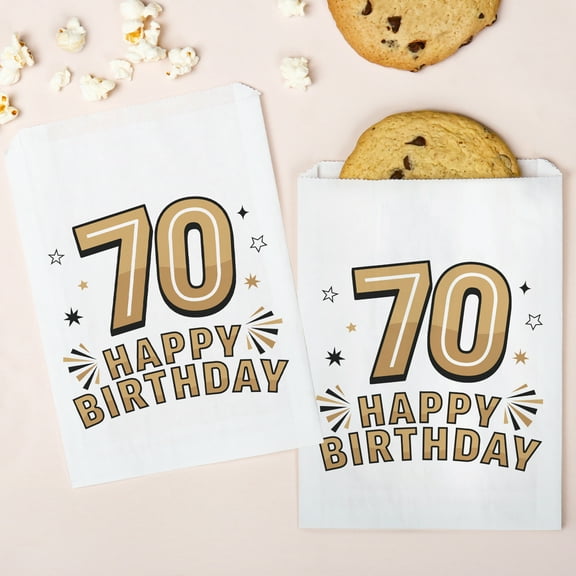 Big Dot of Happiness Adult 70th Birthday White Paper Treat Bags, Black & Gold Party Individual Greaseproof Brown Paper Sandwich Cookie Bags - 25 Count