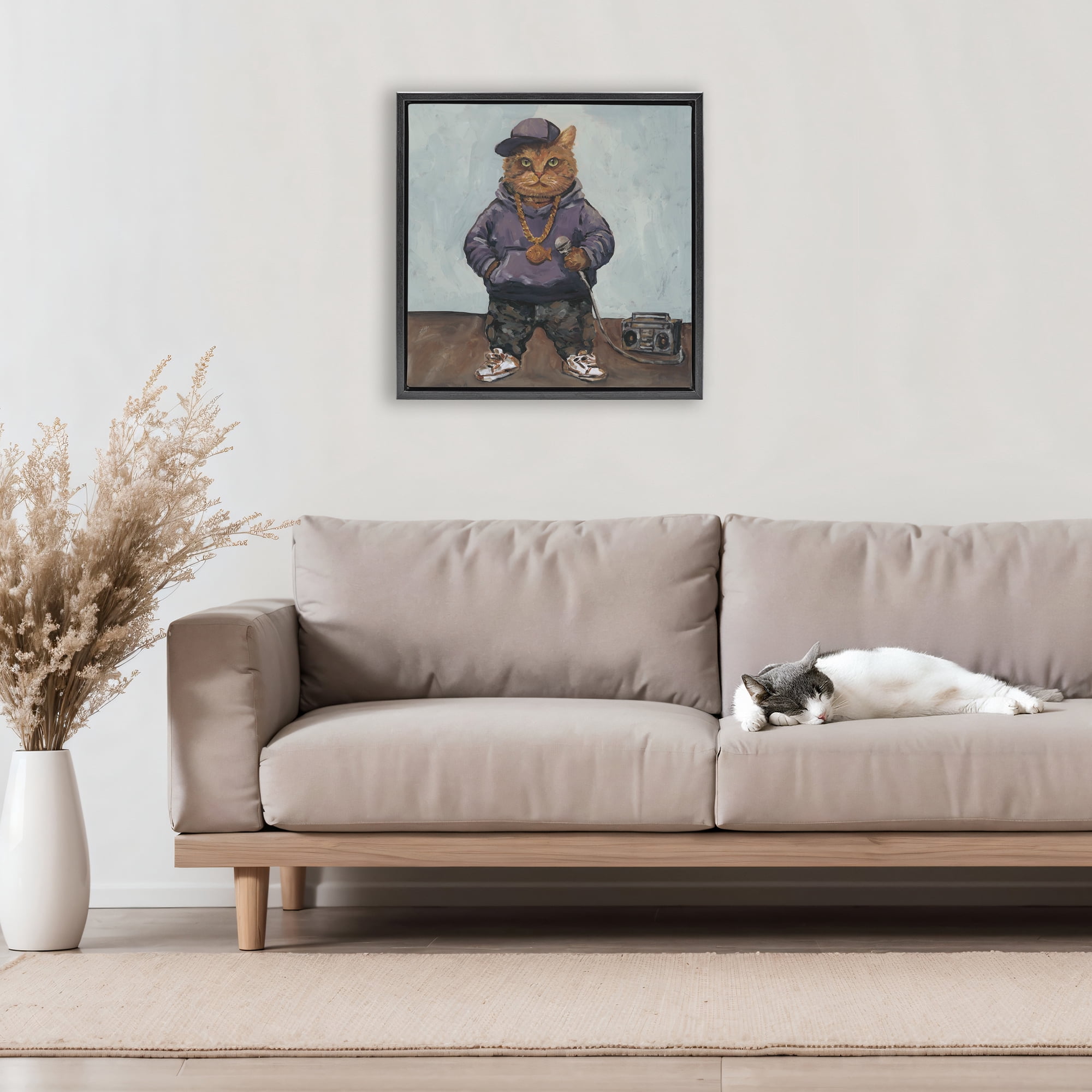 Stupell Industries Urban Hip-Hop Cat Black Framed Floater Canvas Wall Art, design by Studio Bautista