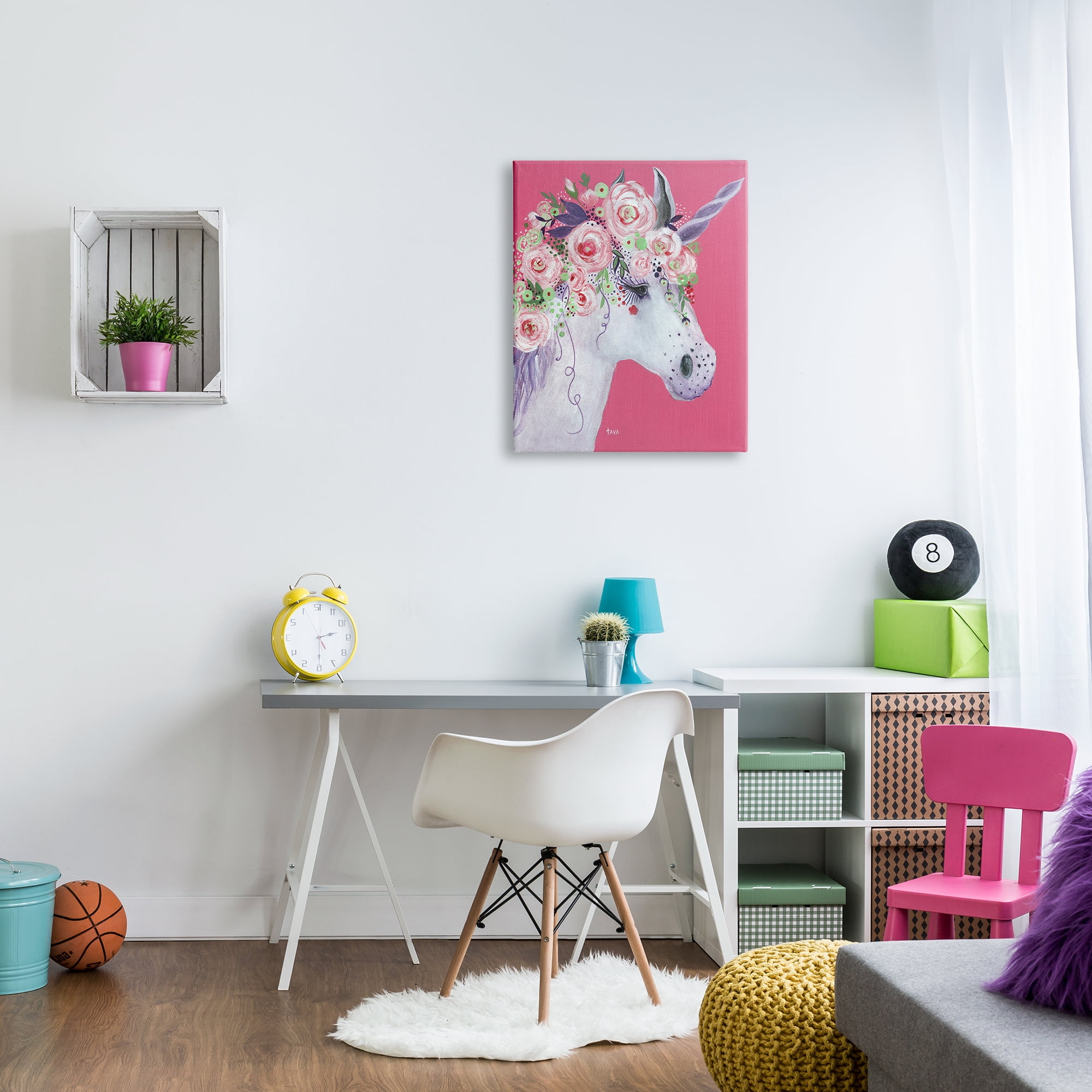 Stupell Industries Pink Florals Purple Unicorn Mythical Animal Portrait Fairy Tales & Fantasy Painting Gallery Wrapped Canvas Print Wall Art, 24 x 30
