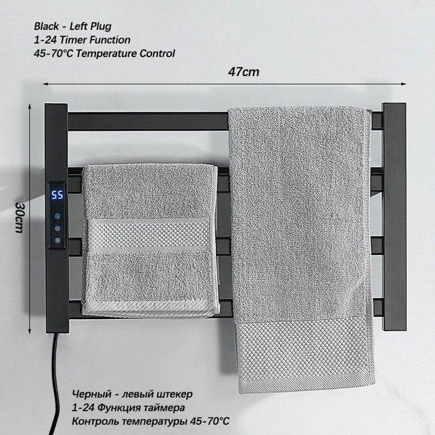 Accesorios de baño en blanco y negro, secador de toallas. Toallero eléctrico con pantalla táctil inteligente. Toallero eléctrico doméstico montado en la pared.