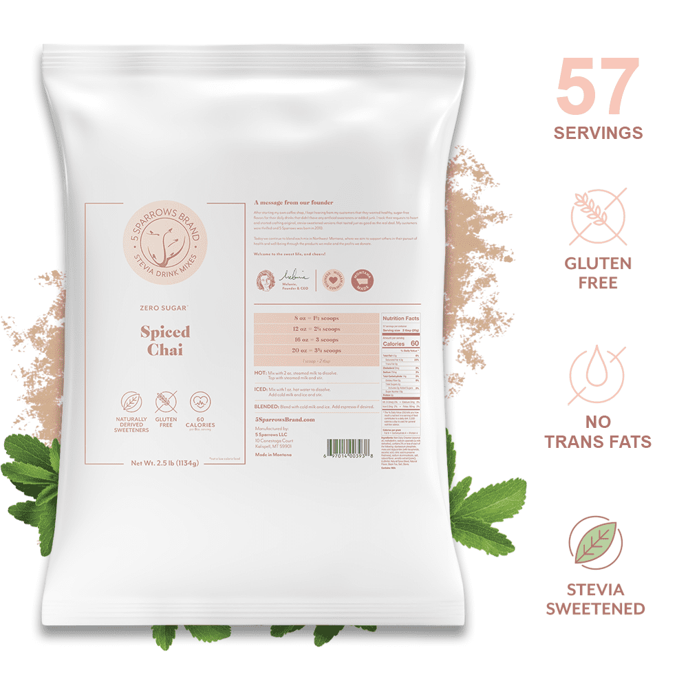 5 SPARROWS Healthy Sugar-Free Spiced Chai Tea Latte Powder - Stevia-Sweetened, Zero Sugar Creamer for Dirty Chai - Keto-Friendly Flavored Coffee Drink Mix, 40oz (2.5lb)