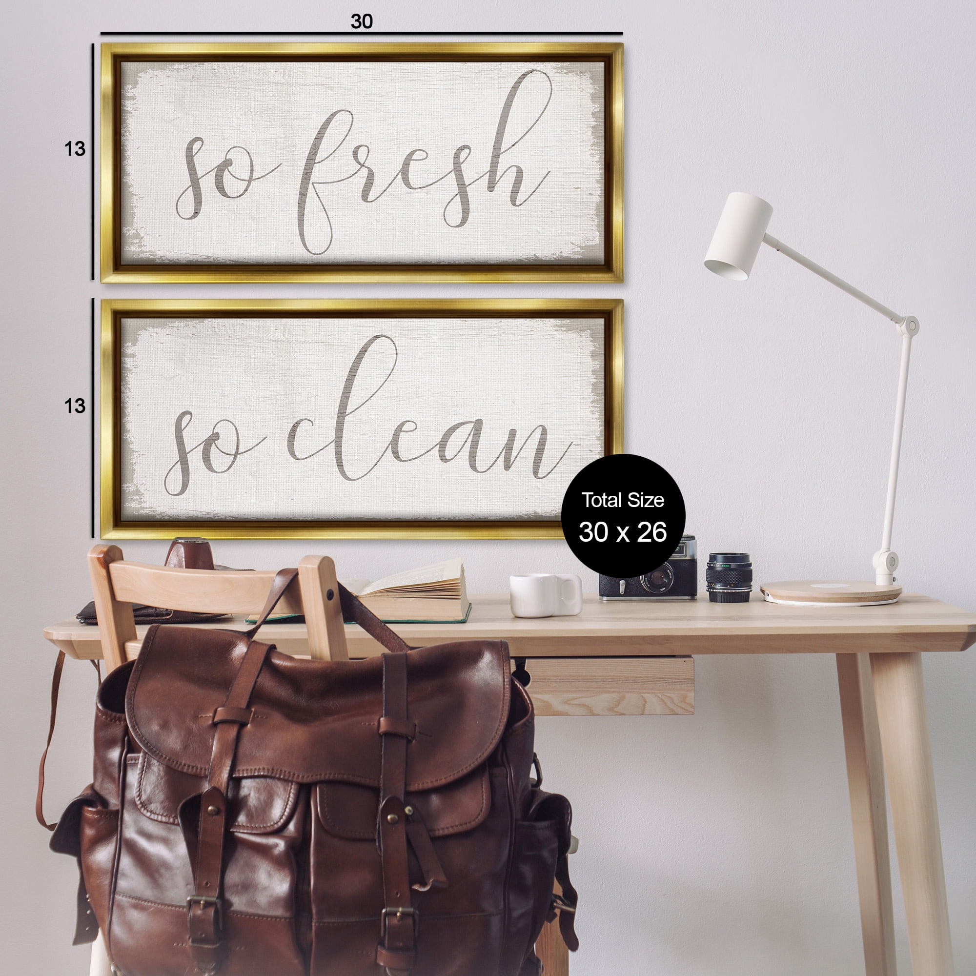 Stupell Industries Rustic White So Fresh So Clean Typography Painting Gold Floater Framed Canvas Art Print Wall Art, 31 x 14, Set of 2