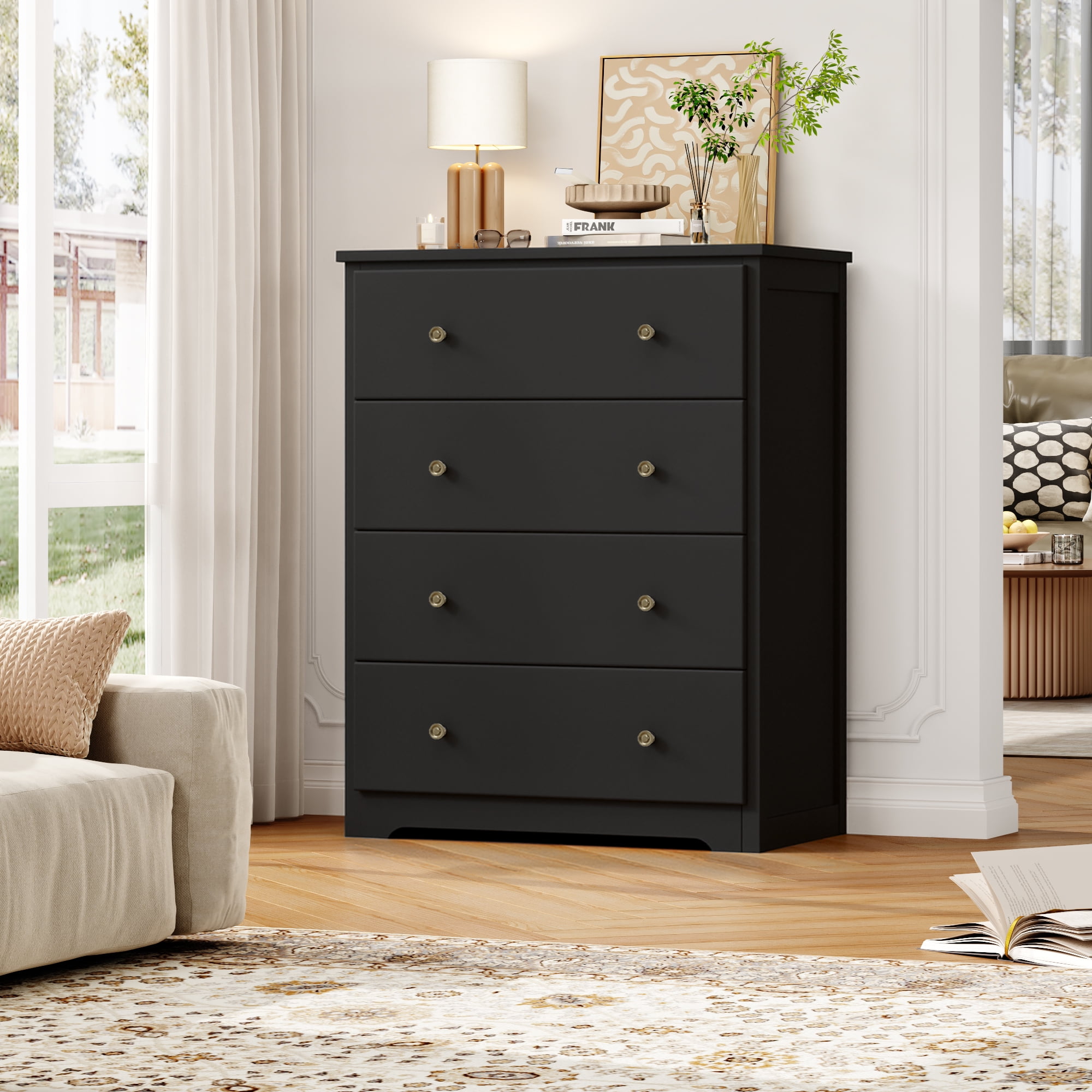 Homfa Dresser Chest, Modern Chest Organizer with 4 Drawers for Bedroom, Black Finish
