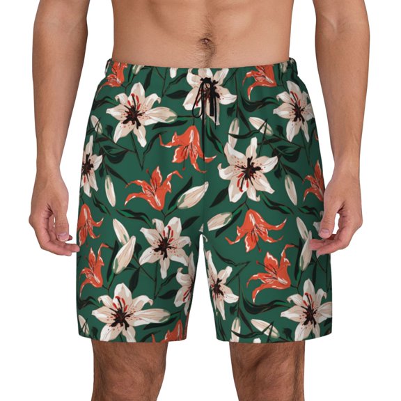 Fotbe Lilies Flowers Men’s Swim Trunks Quick Dry Swim Shorts Board Shorts with Mesh Lining-Small