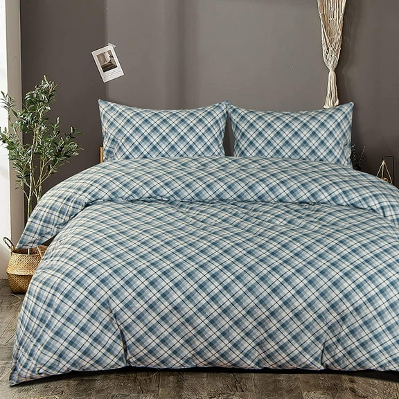 Washed Cotton Twin Duvet Cover Set 2 Pieces Breathable Zipper Closure Comforter Cover Set for Kids Checkered