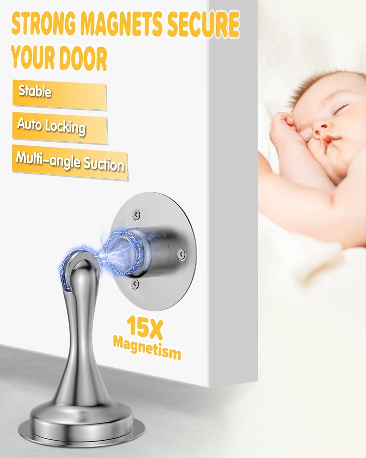 JJEAN-Door Stoppers Magnetic Door Stop - 1 Pack Stainless Steel Powerful Doorstop Catch for Wall Floor - Heavy Duty Hold Door No Drilling Double-Sided Adhesive & Screws Keep Door Open, Silver