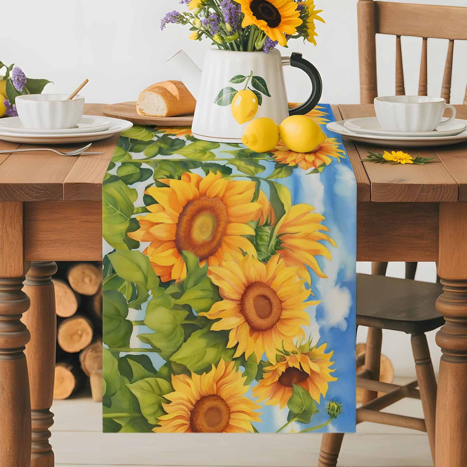 Farm Spring Garden Sunflower Table Runner 90 Inches Long, Floral Green Leaves Blue Sky Table Runners Tabletop Scarf Kitchen Dining Tables Decoration for Home Party Indoor Outdoor