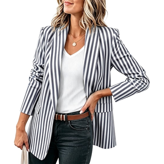 Scyoekwg Women Striped Lapel Blazer Coat Long Sleeve Open Front Casual Suit Jacket with Pockets, Breathable Daily Office Outerwear (Dark Gray,S)