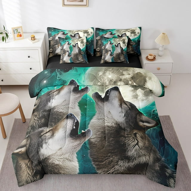 YST Wolf Comforter Set Queen Size 7 Piece,Moon Stars Bedding Set With Sheet Set,Safari Animals Bed in A Bag With Pillow Covers,Nebula Marble Galaxy Space Wolves Bed Sheets Set