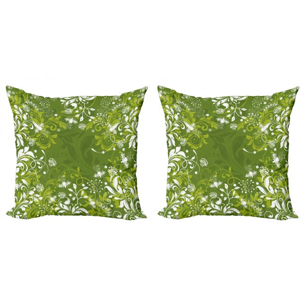 Green Throw Pillow Cushion Cover Pack of 2, Abstract Floral Ornaments