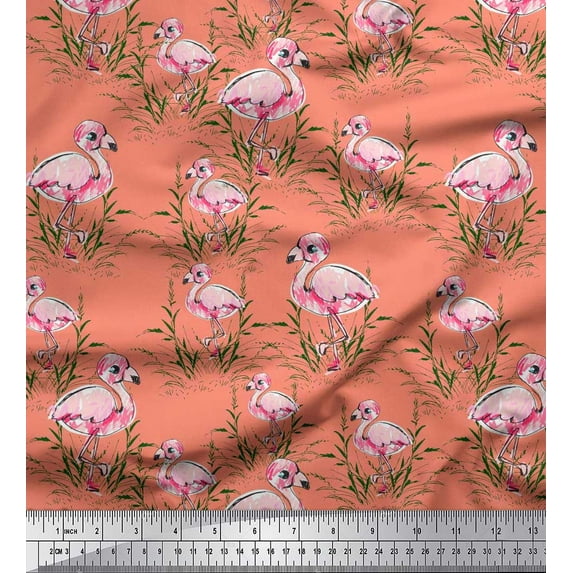 Soimoi Orange Cotton Voile Fabric Grass & Flamingo Bird Print Fabric by the Yard 56 Inch Wide