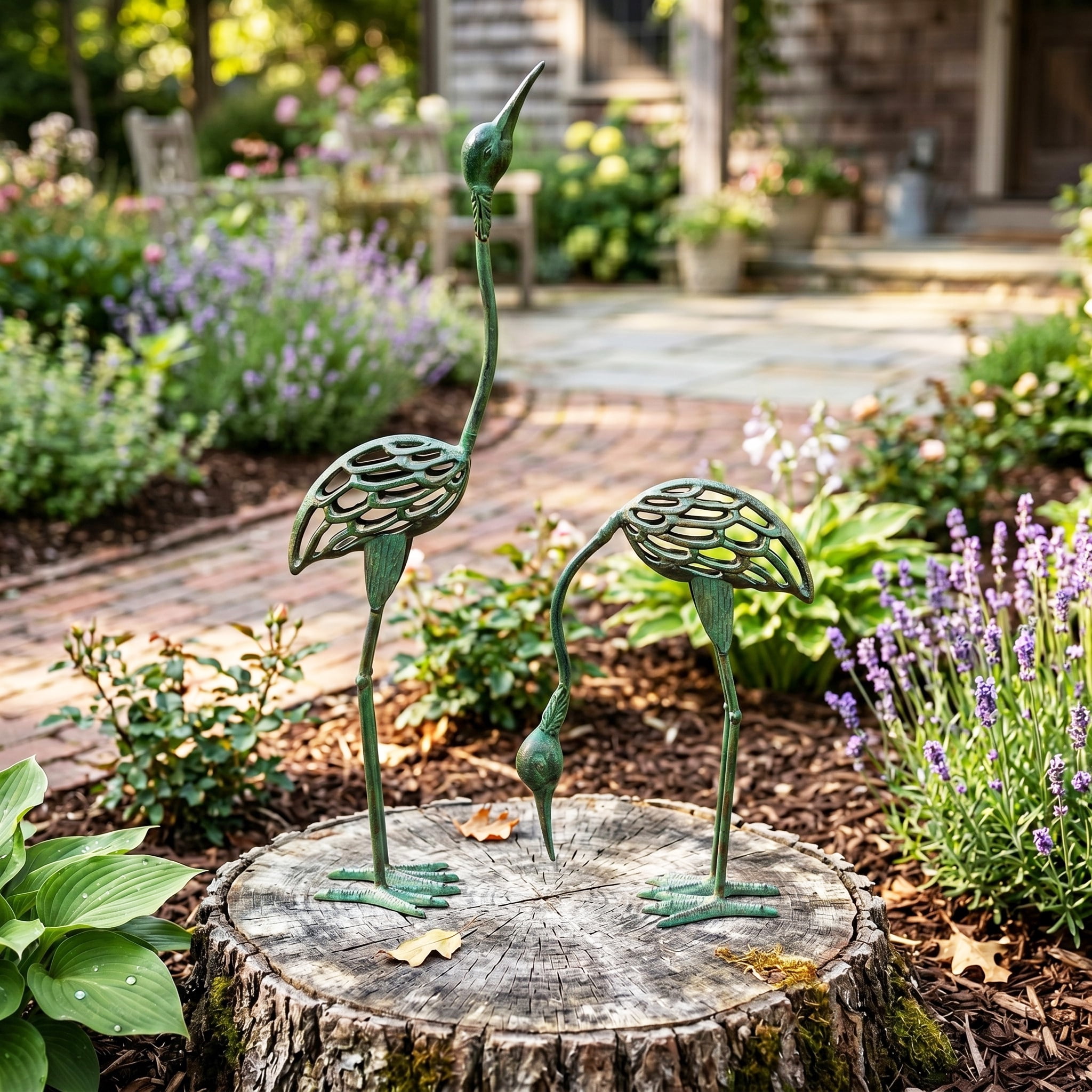 Seraphic Cast Iron Metal Crane/Heron Bird Garden Sculptures Statues for Indoor or Outdoor Lawn Decor, Antique Green, Set of 2