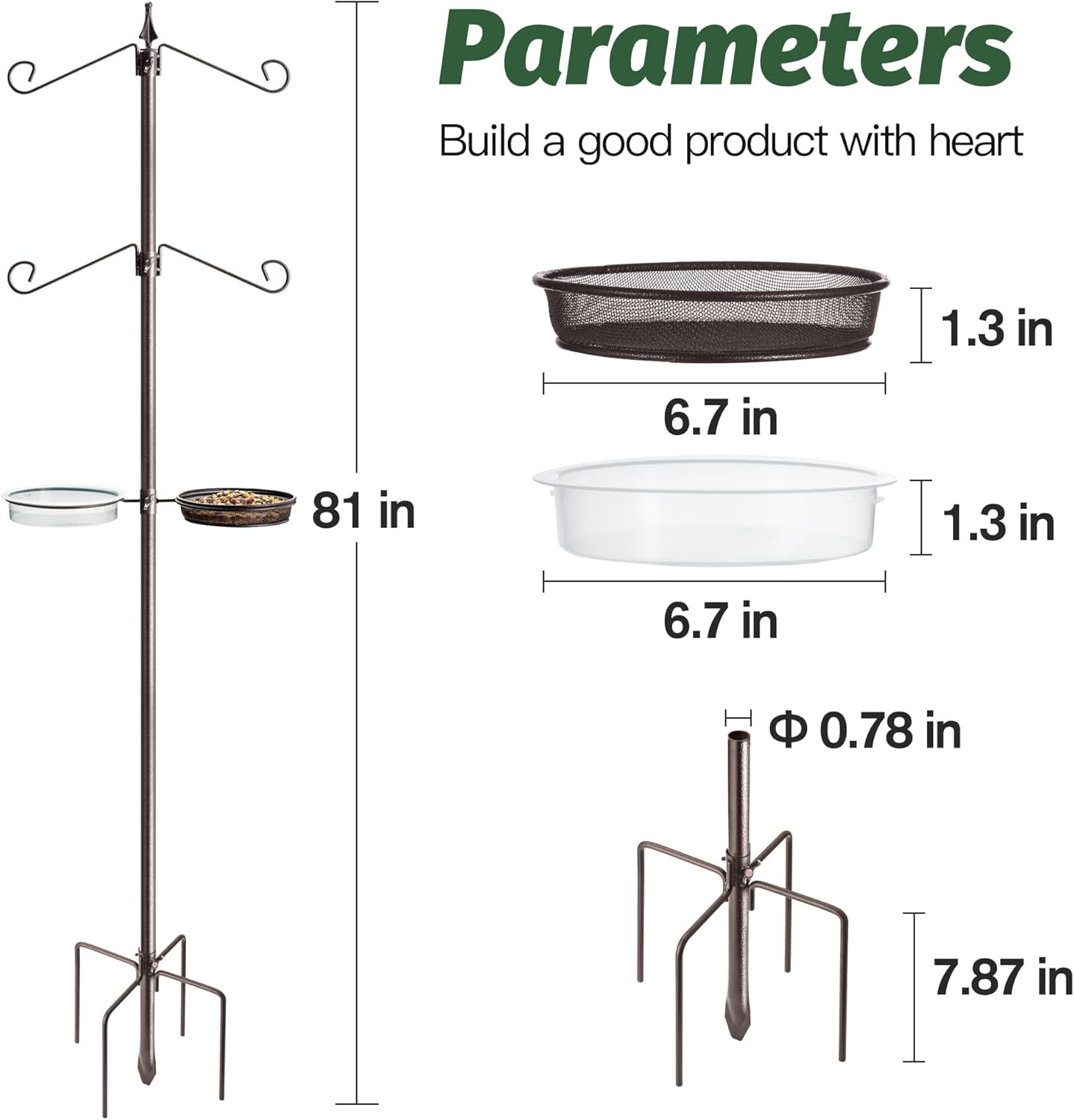 Bird Feeding Station Kit, Adjustable Birds Feeder Stand Pole with 6-Hook, Bird Bath and Mesh Tray, Curved Squirrel Baffle