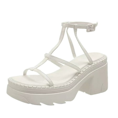 

GHSOHS Womens Sandals Summer Shoes for Women Slippers Flip Flops Roman Sandals Fashion Solid Leather Platform Buckle Thick High Heel Roman Sandals Office Shoes 38