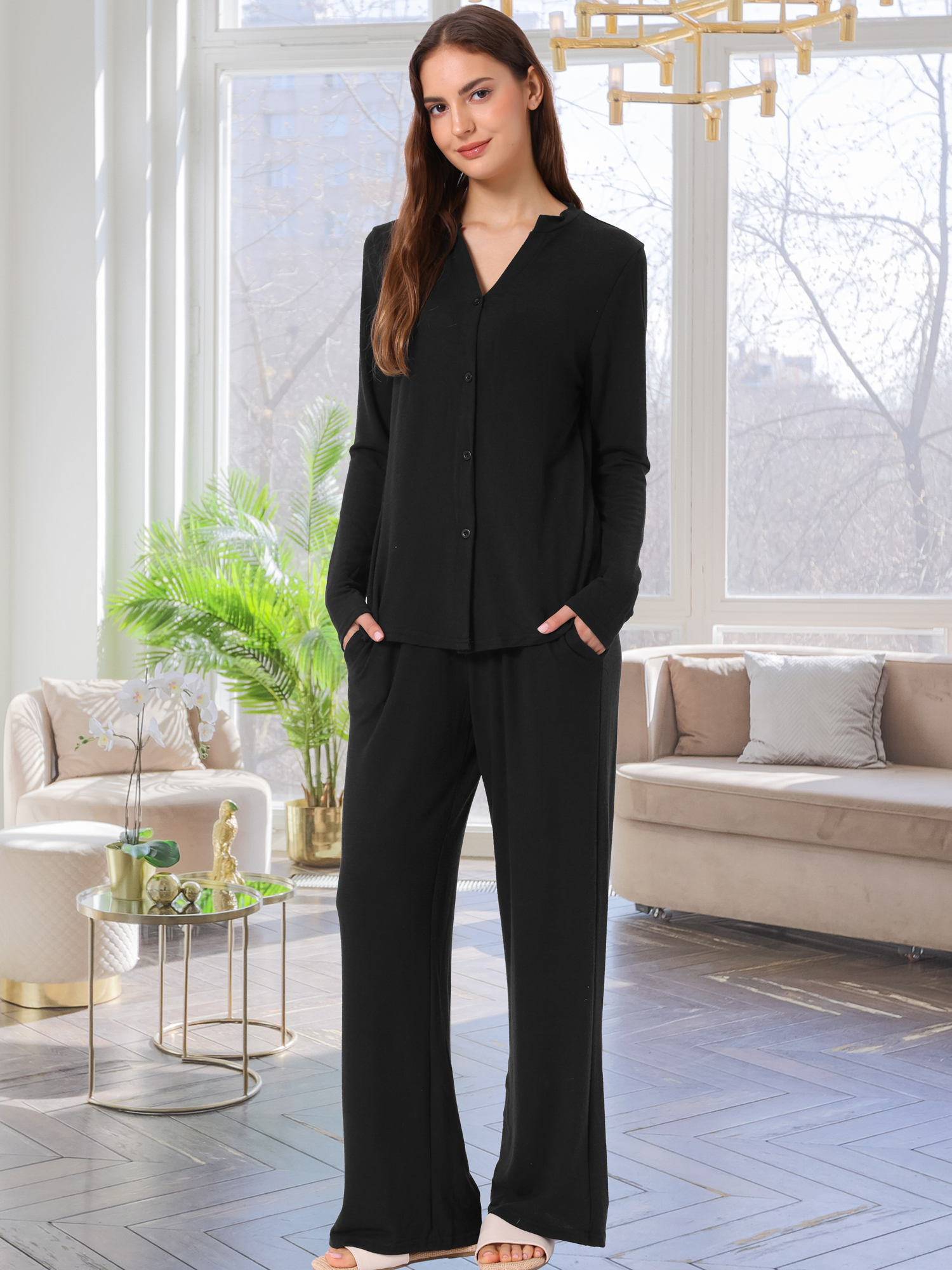DARING DIVA Women's Sleepwear Pajamas Knit Button Down Tops and Pants with Pockets XL Black