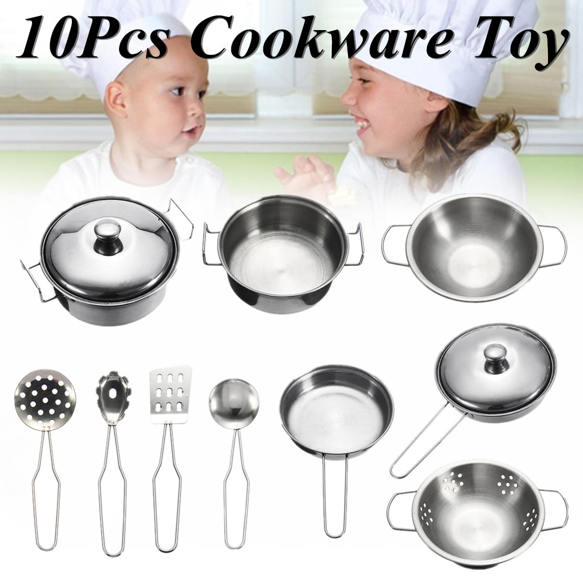 10PCS Stainless Steel Pretended Play Cookware Set Kids Educational Gift 